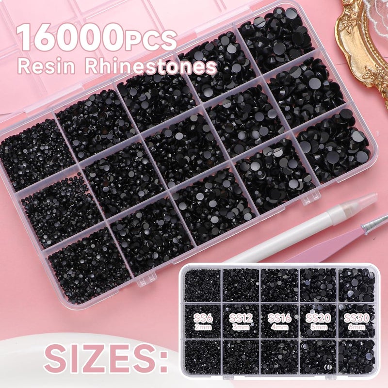 Uotey 16000 Pcs Black Resin Rhinestones for Crafting, Flatback Black Gems Jelly Rhinestones, Mixed Sizes Bedazzling Crystal with Pickup Tool for DIY Crafts Clothing Tumblers Mugs Shoes Fabric Nail Art - Image 2